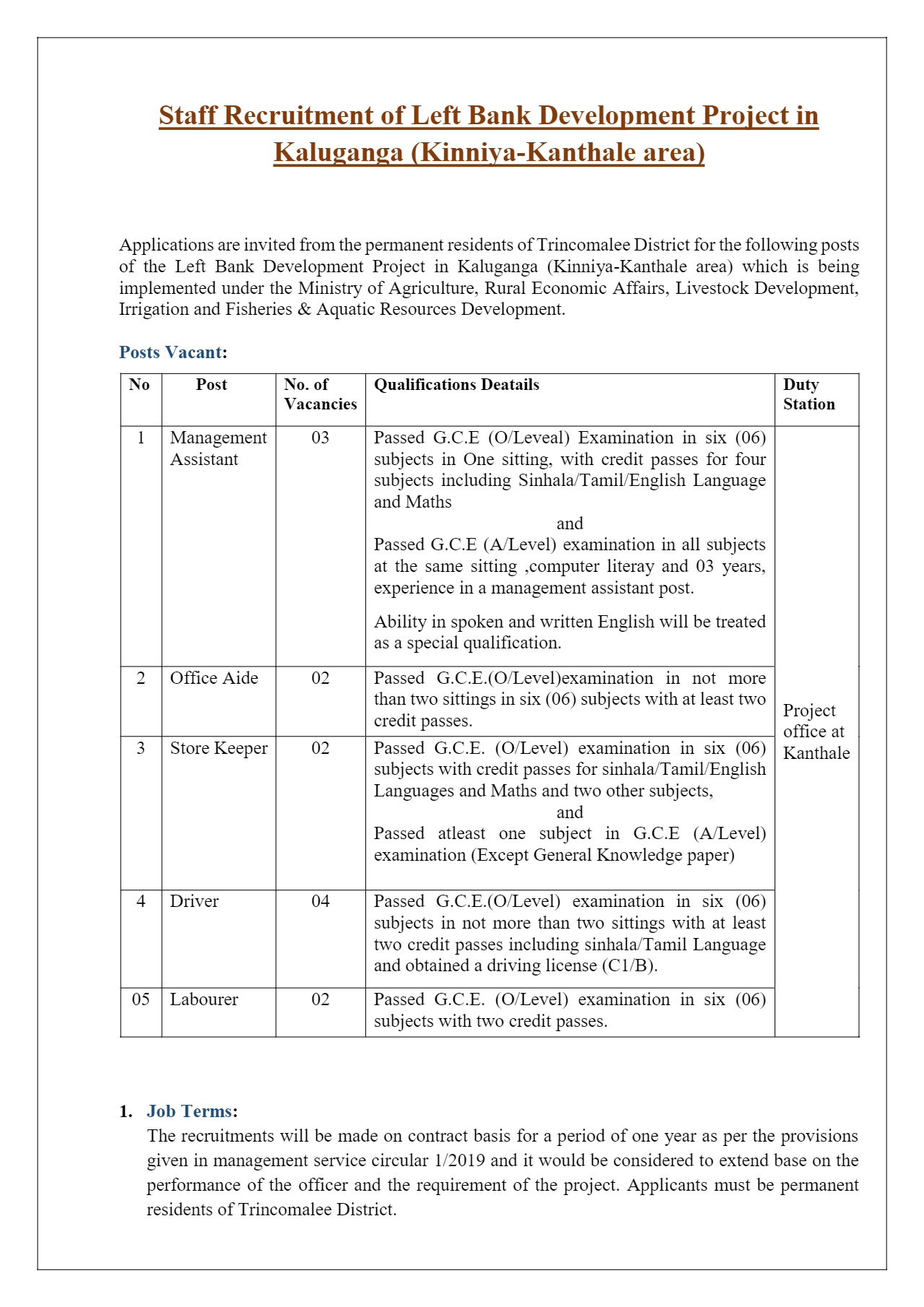 Management Assistant, Office Aide, Store Keeper, Driver, Labourer - Ministry of Irrigation (Left Bank Development Project in Kaluganga)