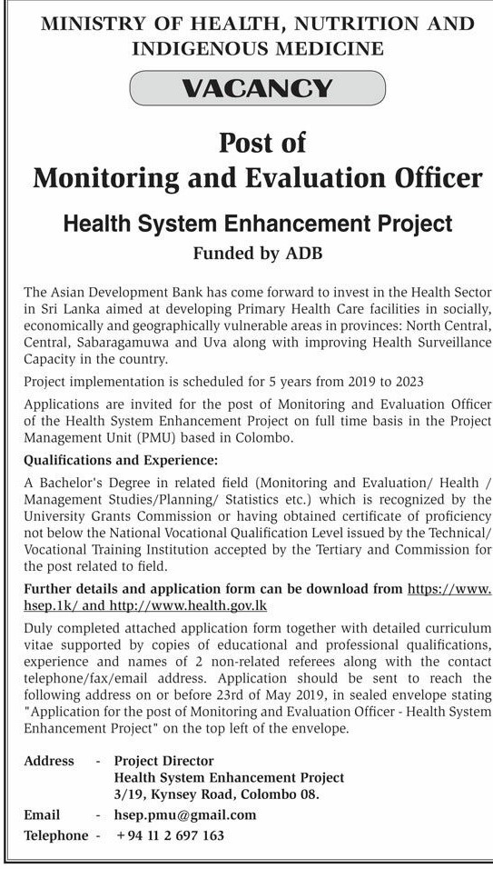 Monitoring & Evaluation Officer - Ministry of Health, Nutrition & Indigenous Medicine