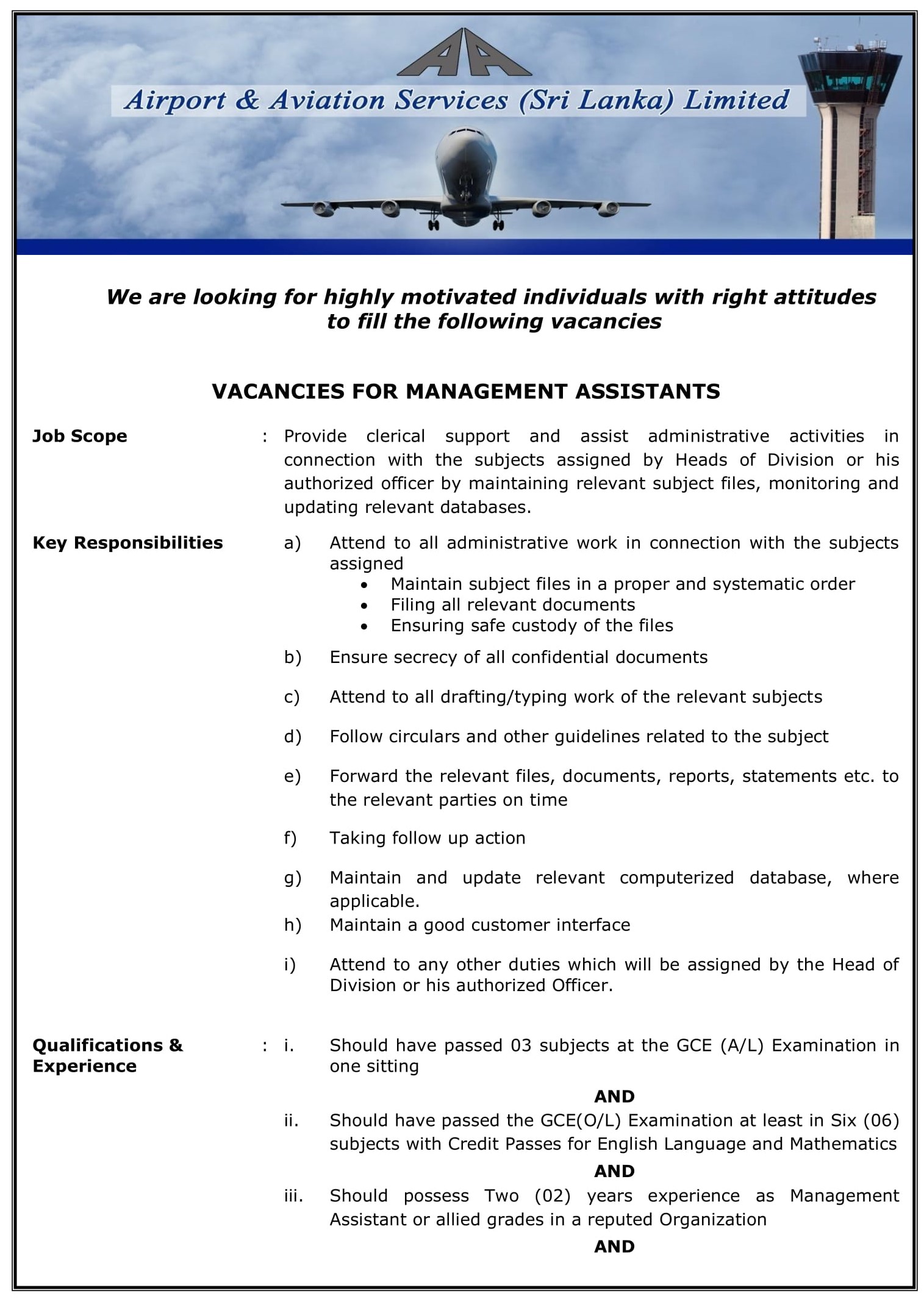 Management Assistant - Airport & Aviation Services (Sri Lanka) Ltd