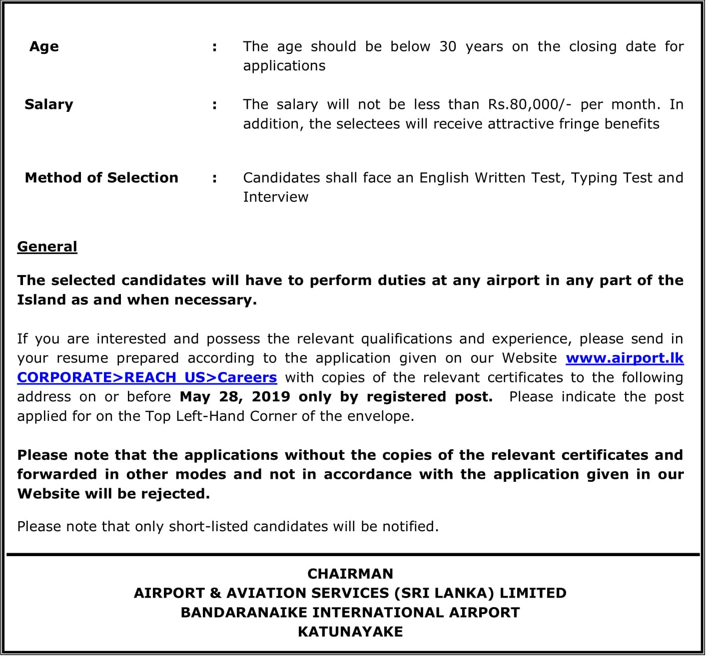 Secretary - Airport & Aviation Services (Sri Lanka) Ltd