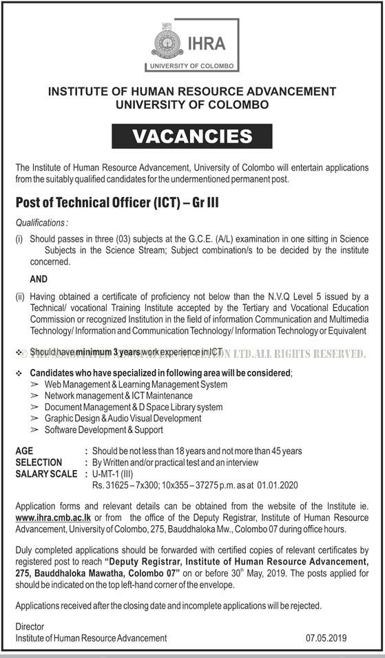 Technical Officer (ICT) - Institute of Human Resource Advancement - University of Colombo