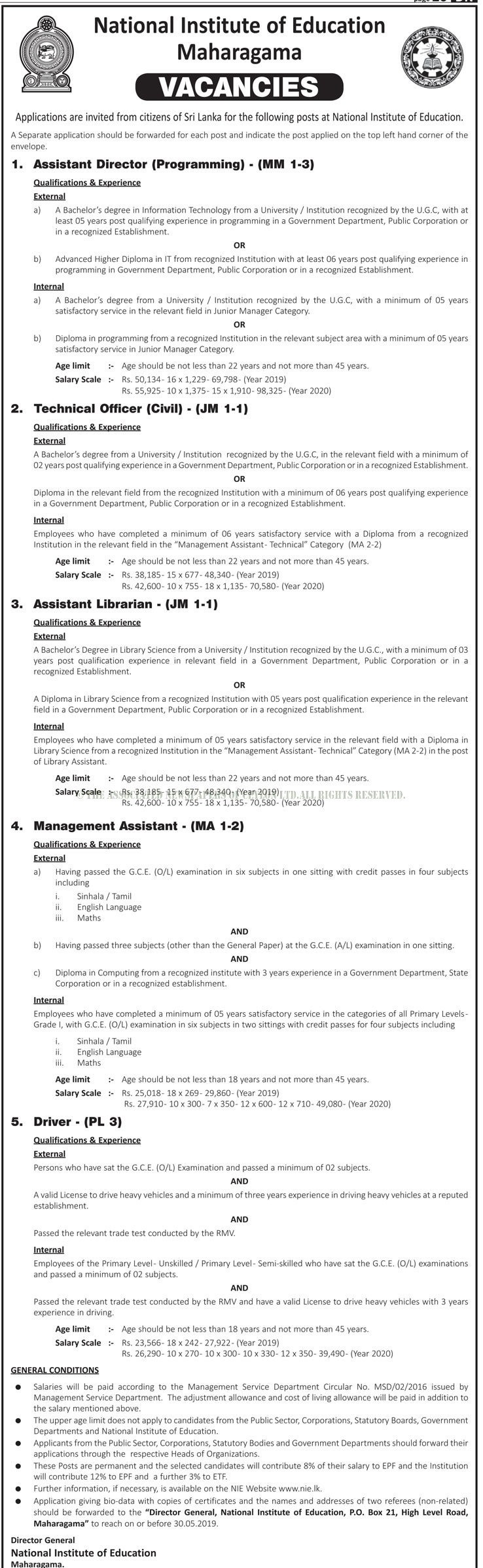 Management Assistant, Assistant Librarian, Technical Officer (Civil), Assistant Director (Programming), Driver - National Institute of Education