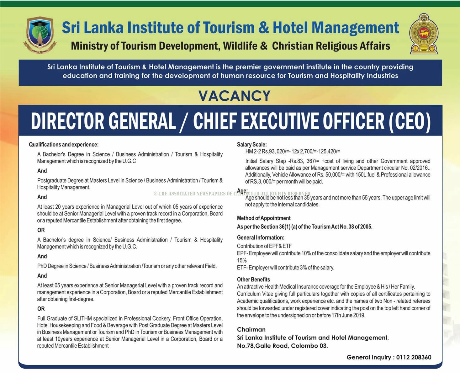 Director General / Chief Executive Officer (CEO) - Sri Lanka Institute of Tourism & Hotel Management