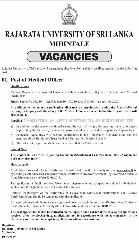 Medical Officer - Rajarata University of Sri Lanka