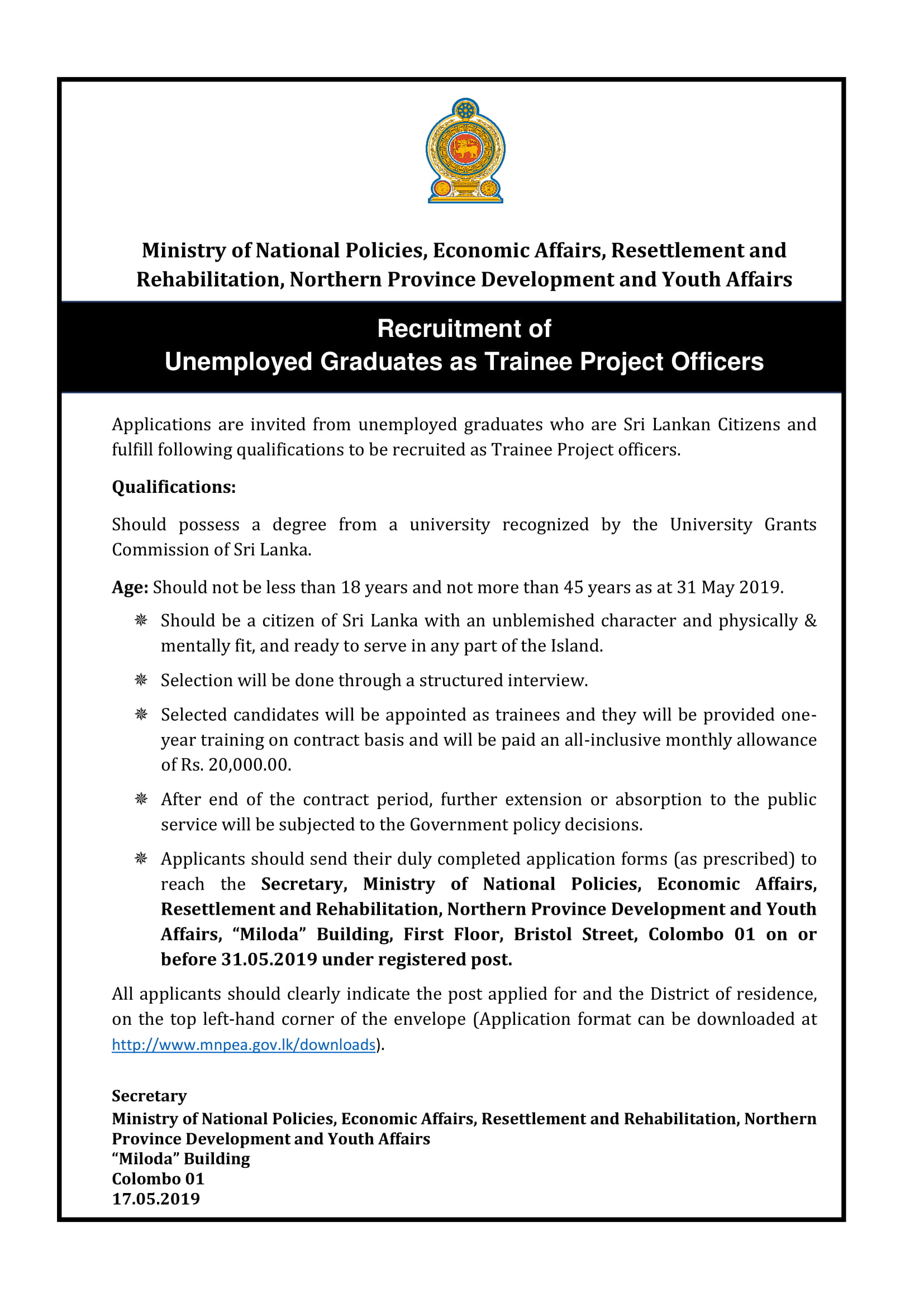 Trainee Project Officer - Ministry of National Policies, Economic Affairs, Resettlement & Rehabilitation, Northern Province Development & Youth Affairs