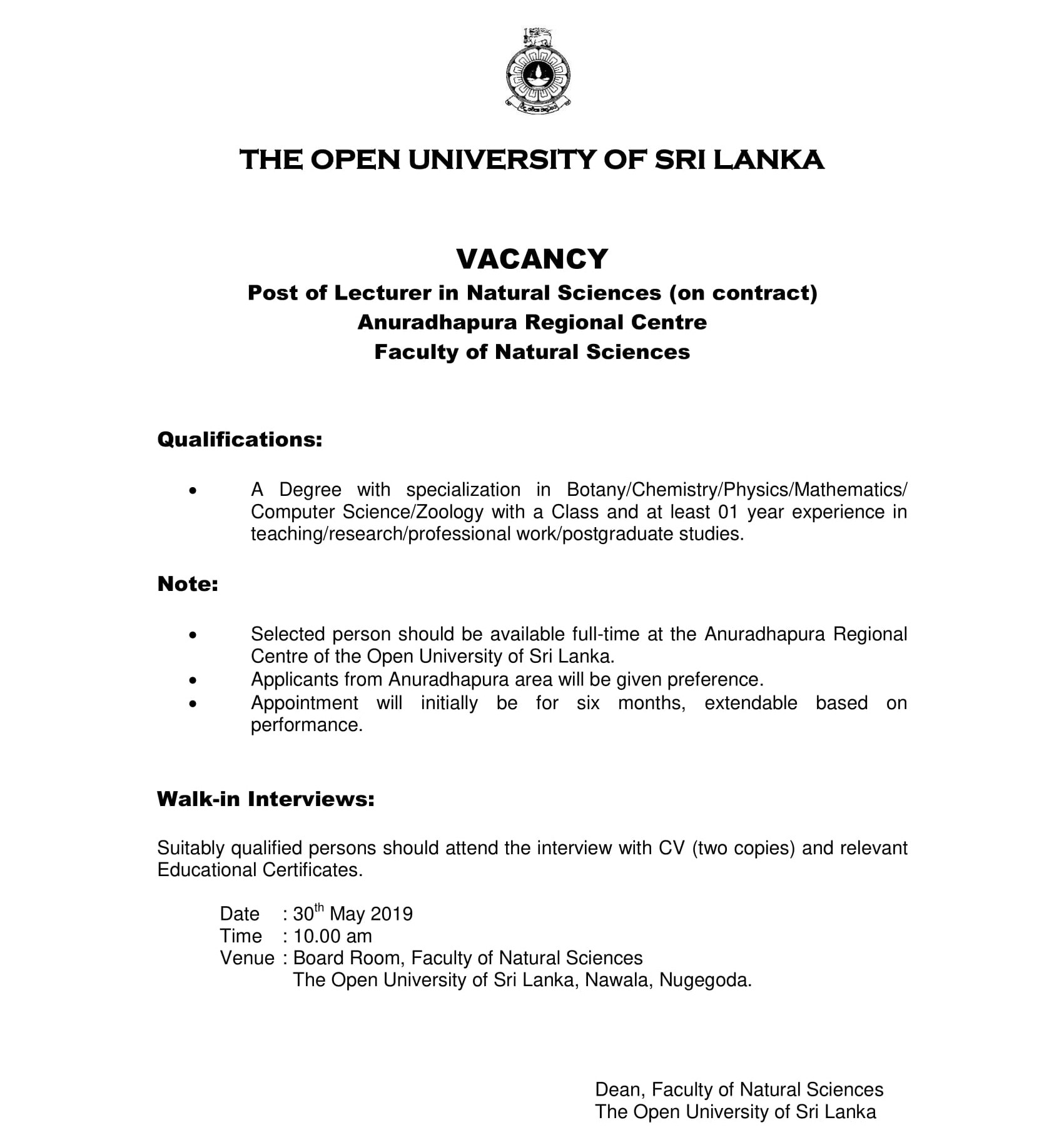 Lecturer (on Contract) - The Open University of Sri Lanka