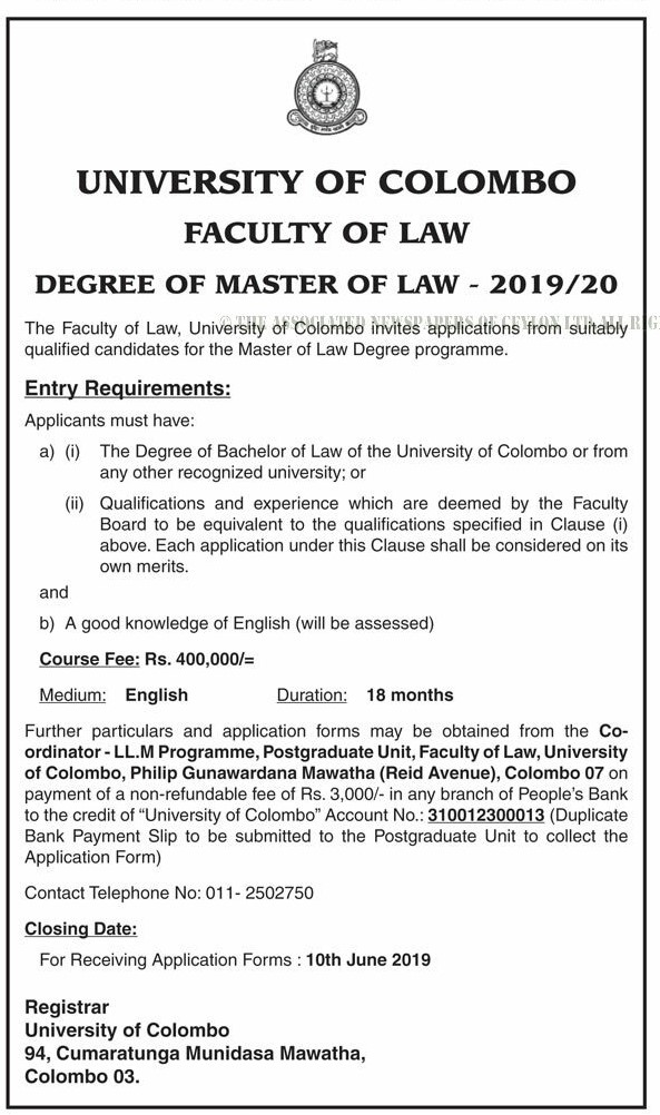 Degree of Master of Law - Faculty of Law - University of Colombo