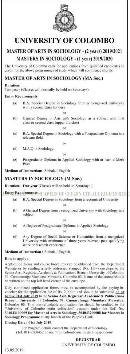 Master of Arts in Sociology, Masters in Sociology - University of Colombo 