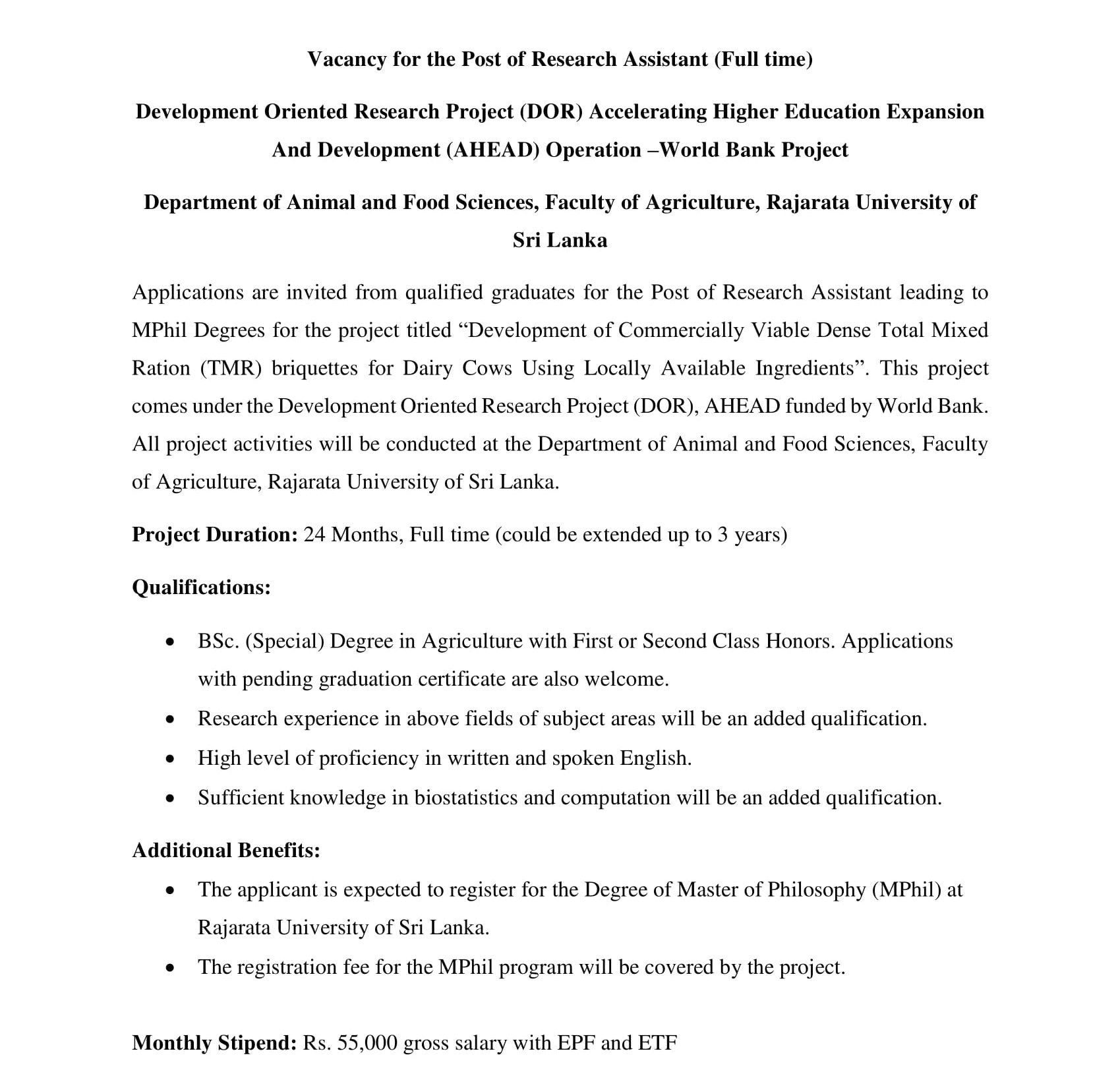 Research Assistant - Rajarata University of Sri Lanka