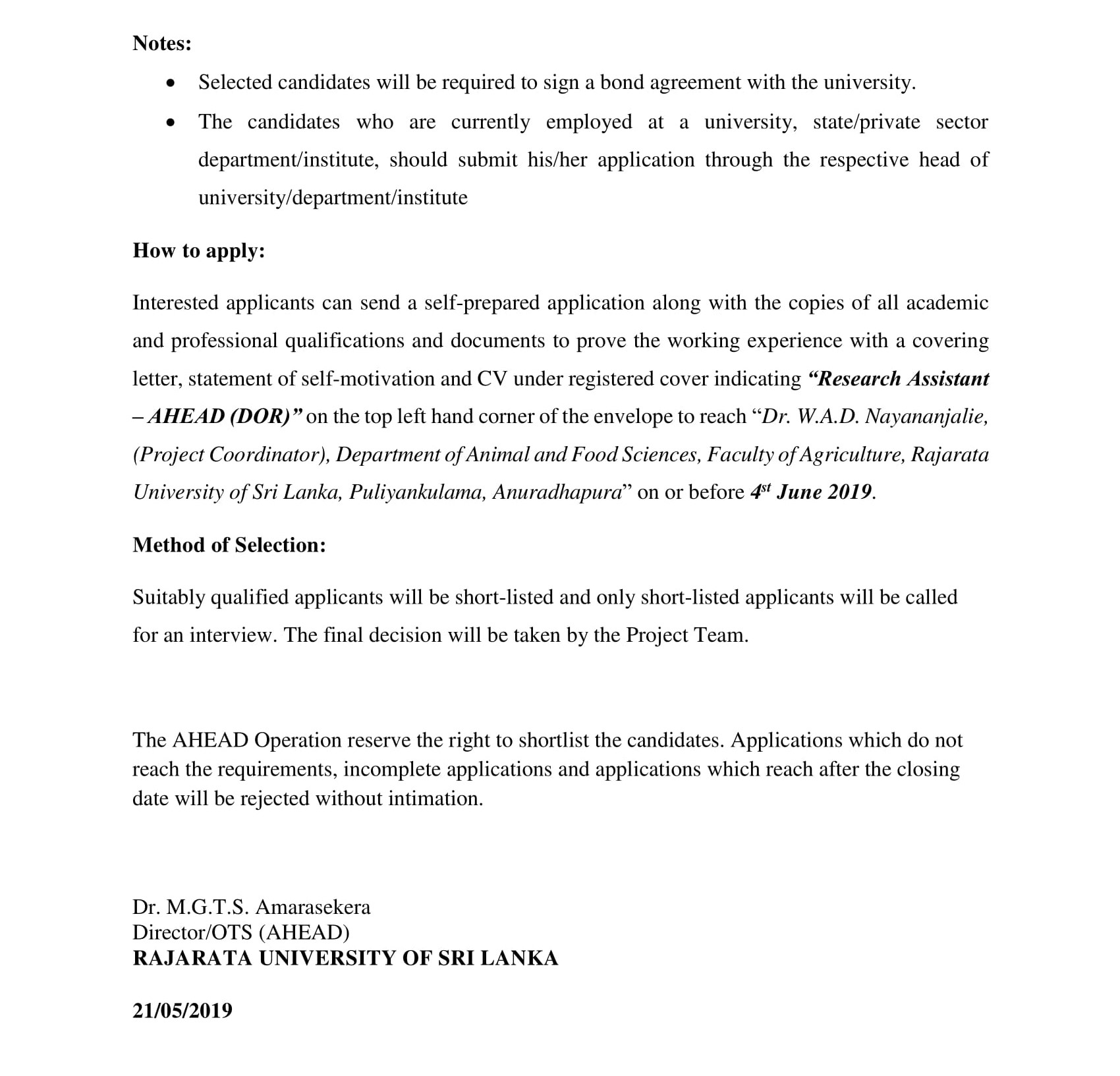 Research Assistant - Rajarata University of Sri Lanka