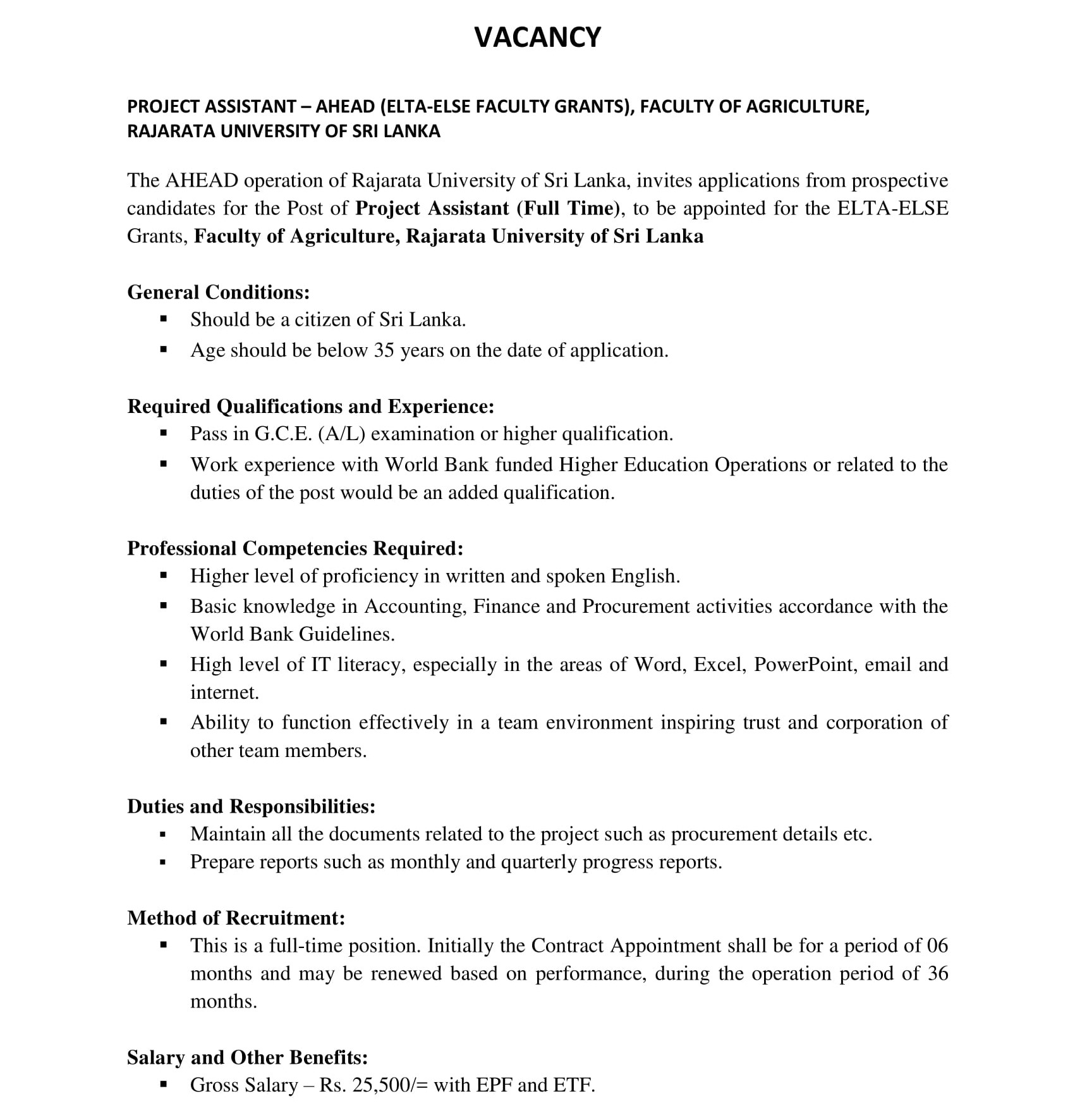 Project Assistant - Rajarata University of Sri Lanka