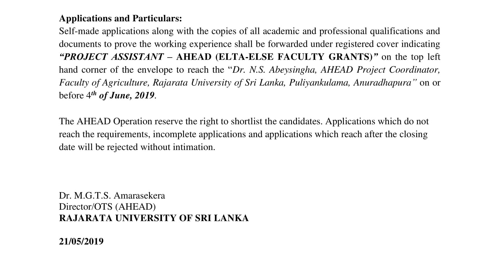 Project Assistant - Rajarata University of Sri Lanka