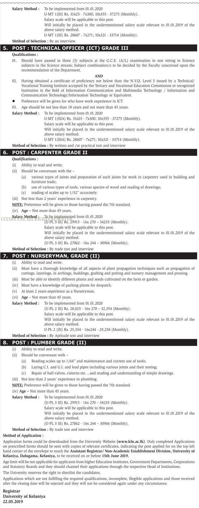 Management Assistant (Shroff, Book Keeping), Works Superintendent (Civil), Supervisor (Electrical), Technical Officer (ICT), Carpenter, Nurseryman, Plumber - University of Kelaniya