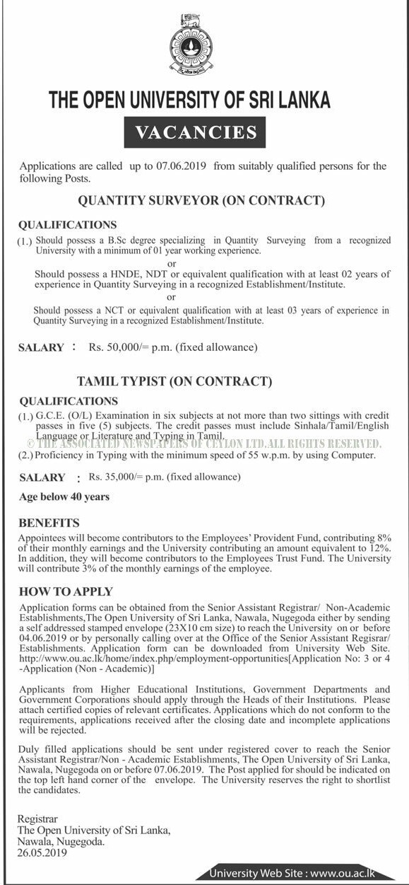 Quantity Surveyor, Tamil Typist - The Open University of Sri Lanka 