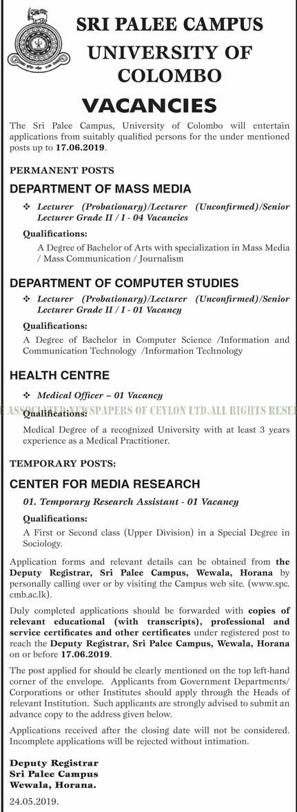 Senior Lecturer, Lecturer, Medical Officer, Temporary Research Assistant - Sri Palee Campus - University of Colombo