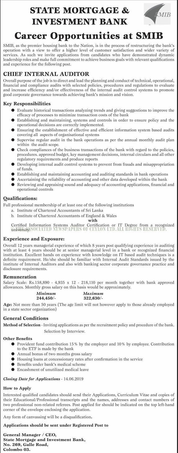 Chief Internal Auditor - State Mortgage & Investment Bank