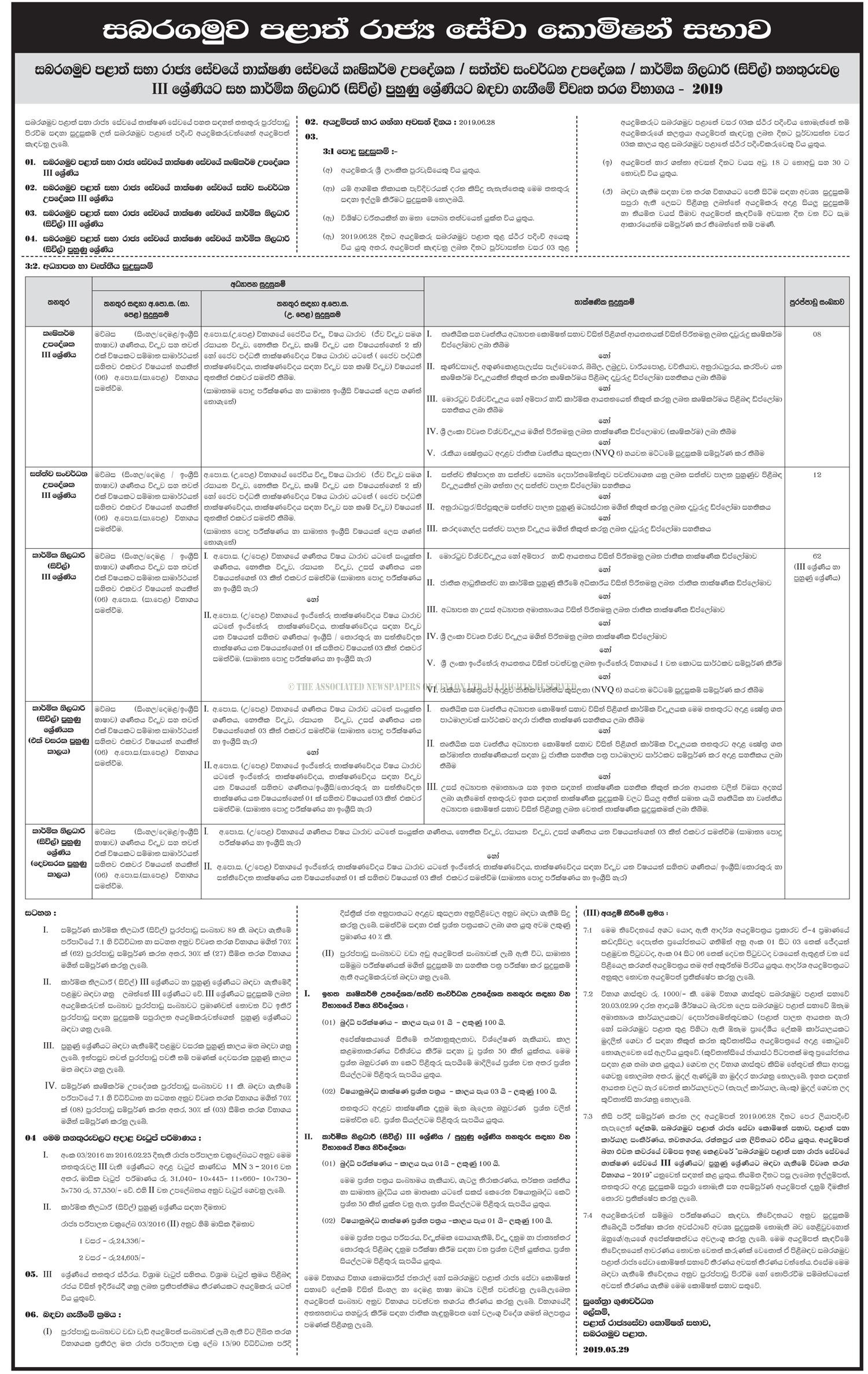 Agriculture Instructor, Livestock Development Instructor, Technical Officer (Civil) - Sabaragamuwa Provincial Public Service