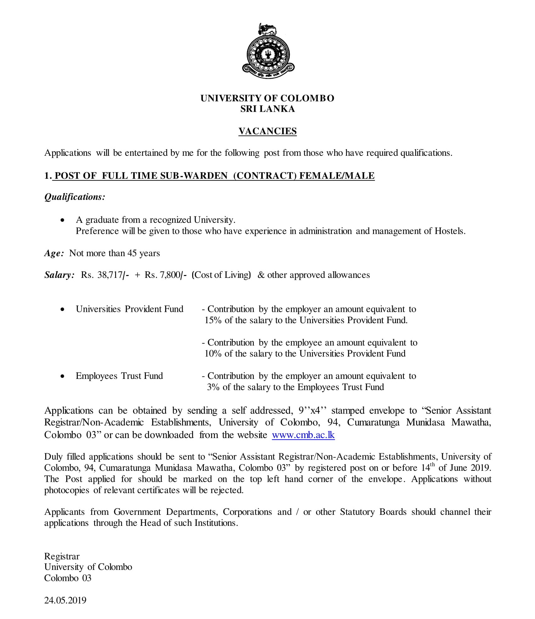 Full Time Sub Warden (Contract) - University of Colombo