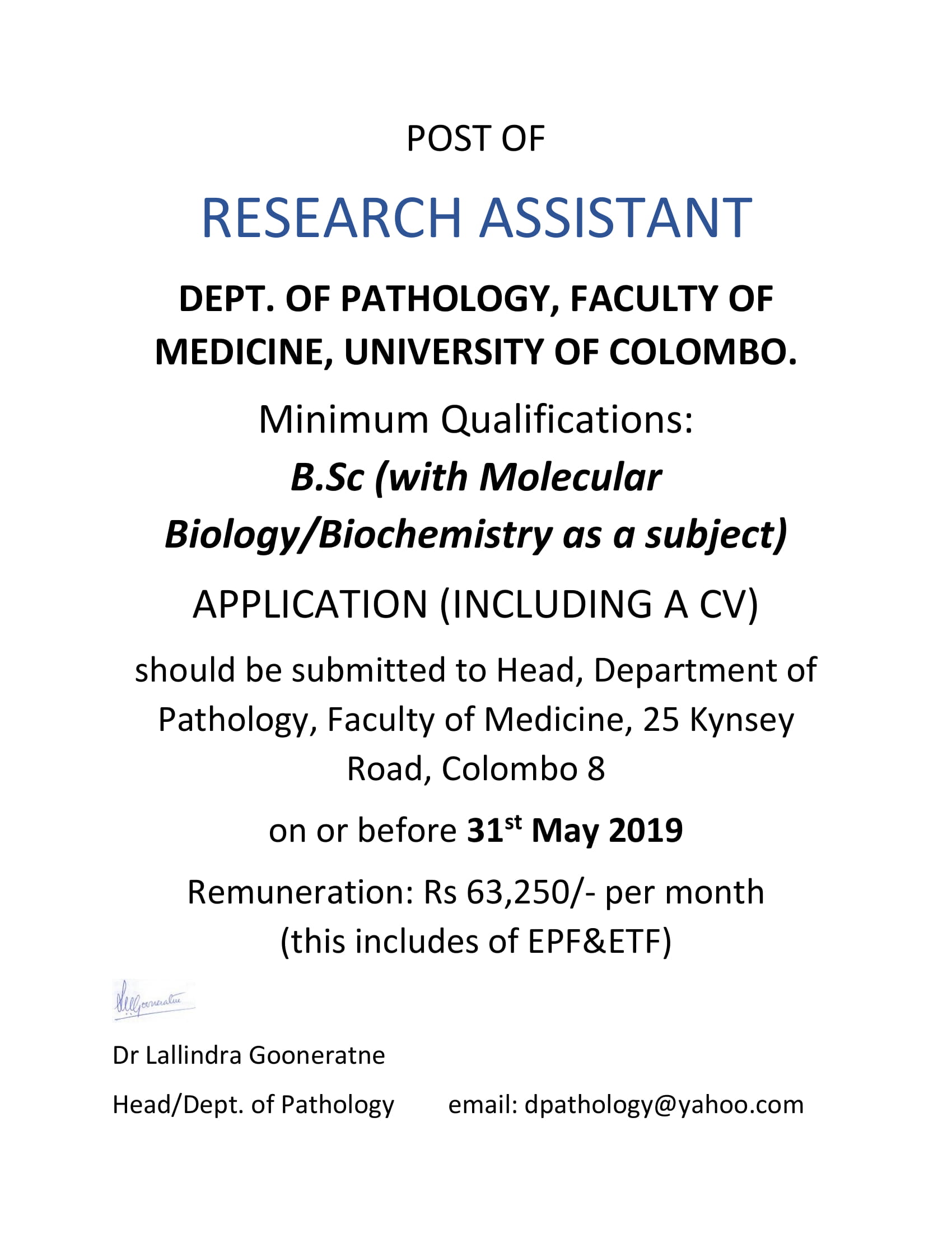 Research Assistant - University of Colombo