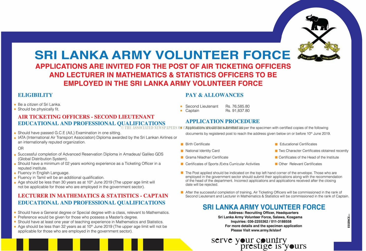 Air Ticketing Officer, Lecturer (Mathematics & Statistics) - Sri Lanka Army Volunteer Force