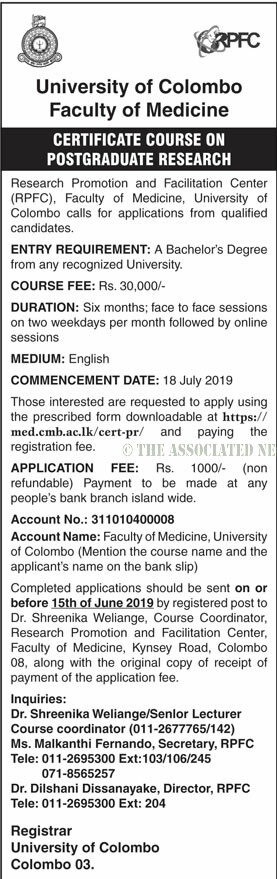 Certificate Course on Postgraduate Research - Faculty of Medicine - University of Colombo