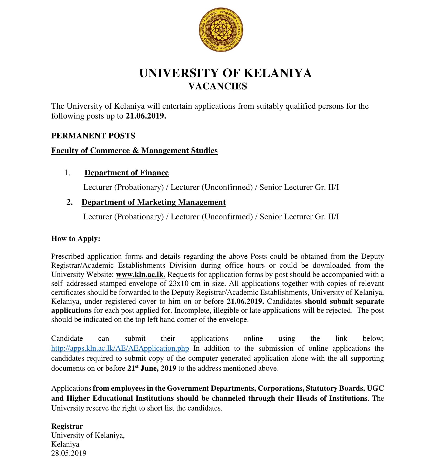 Senior Lecturer, Lecturer - University of Kelaniya