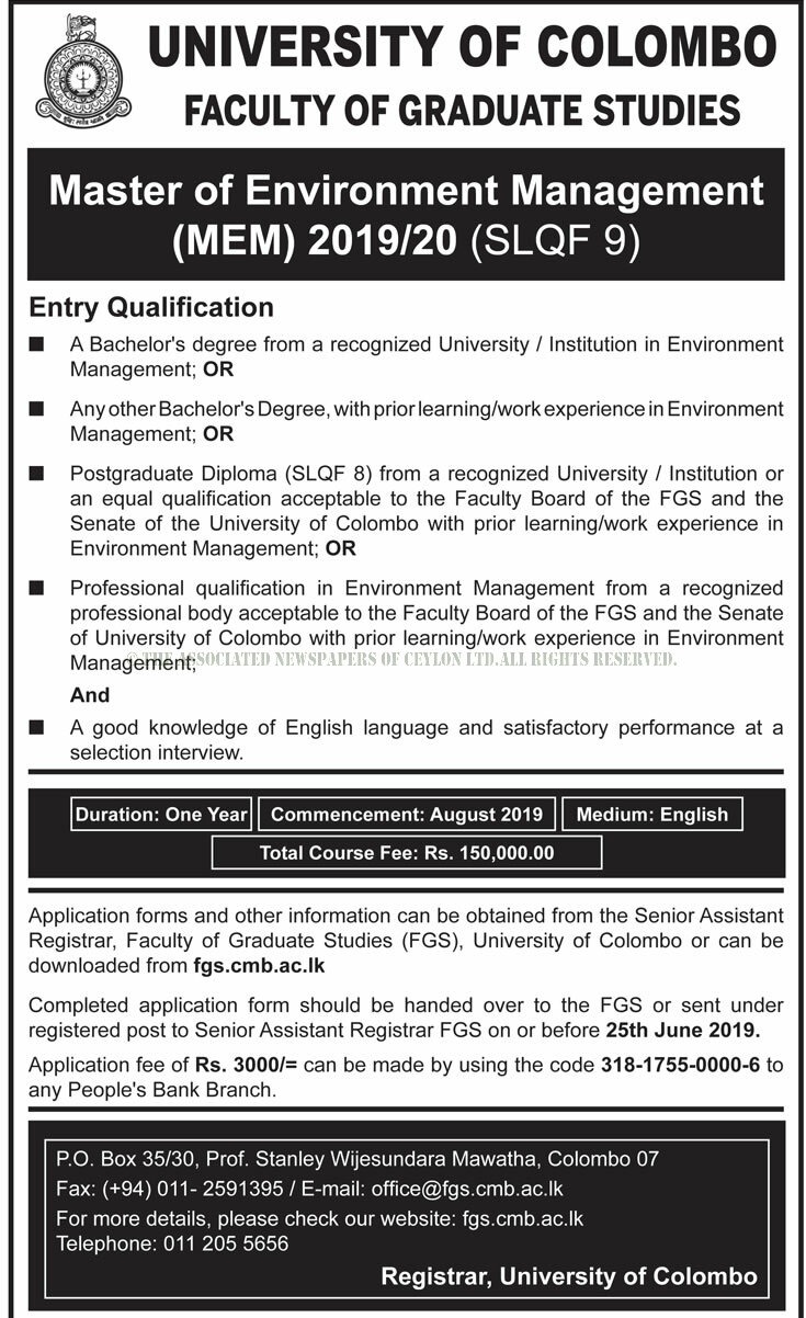 Master of Environment Management - Faculty of Graduate Studies - University of Colombo