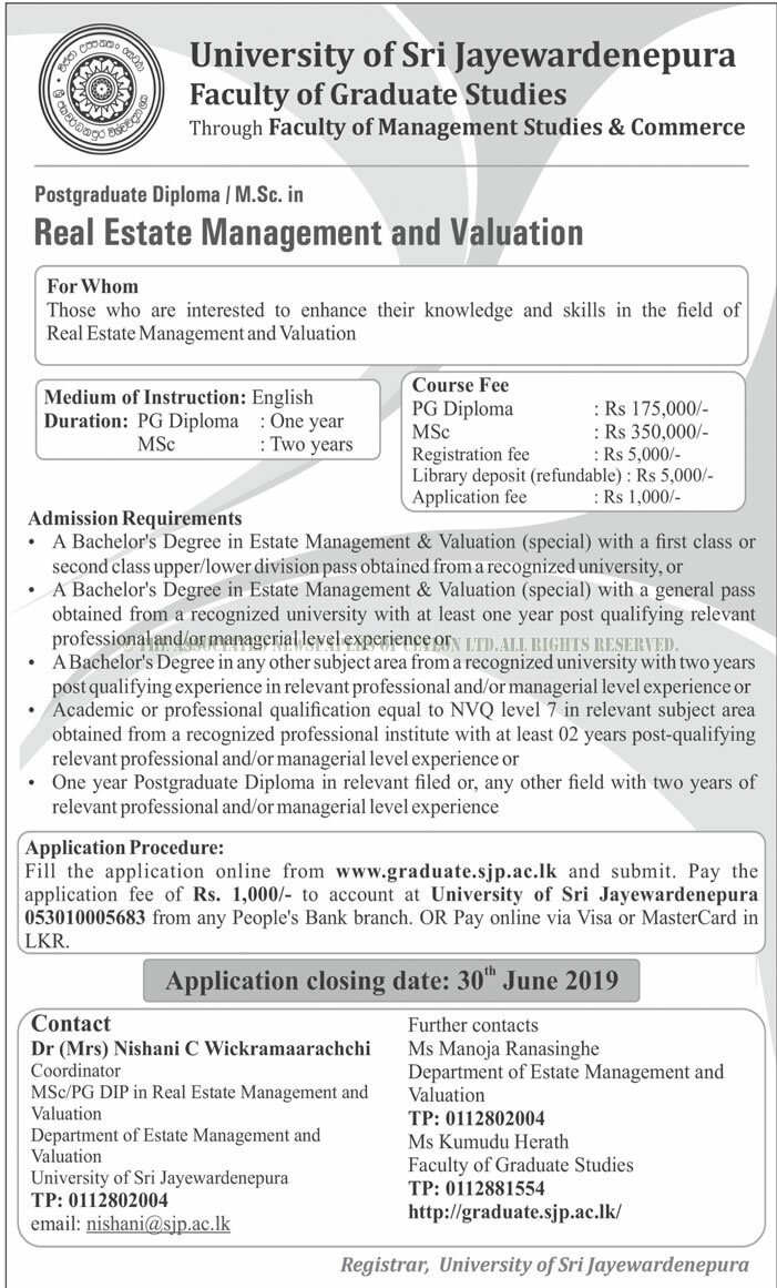 Postgraduate Diploma / M.Sc. in Real Estate Management & Valuation - Faculty of Graduate Studies - University of Sri Jayewardenepura 