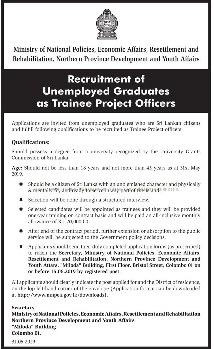 Trainee Project Officer - Ministry of National Policies, Economic Affairs, Resettlement & Rehabilitation, Northern Province Development & Youth Affairs