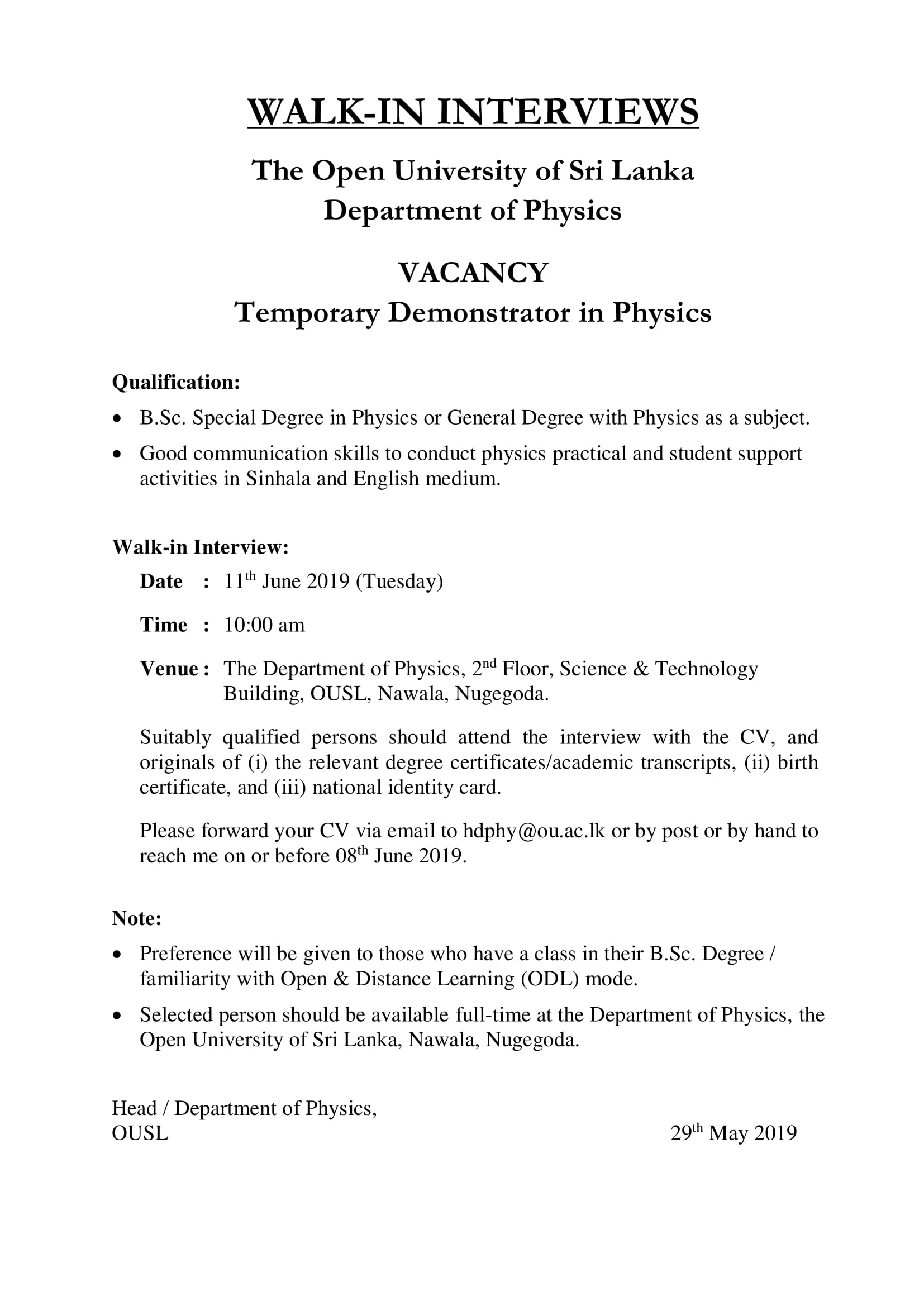 Temporary Demonstrator in Physics - The Open University of Sri Lanka