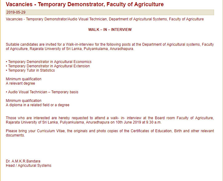 Temporary Demonstrator/Audio Visual Technician - Rajarata University of Sri Lanka