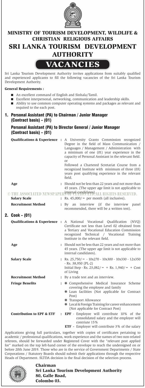 Personal Assistant (Junior Manager), Cook - Sri Lanka Tourism Development Authority