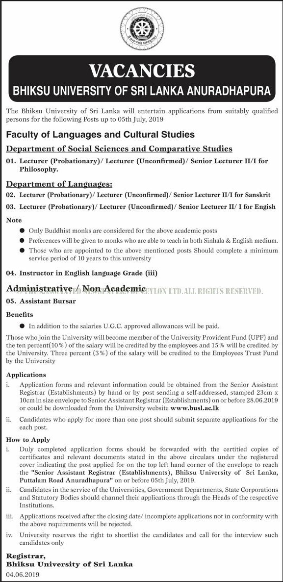 Senior Lecturer, Lecturer, Instructor in English Language, Assistant Bursar - Bhiksu University of Sri Lanka