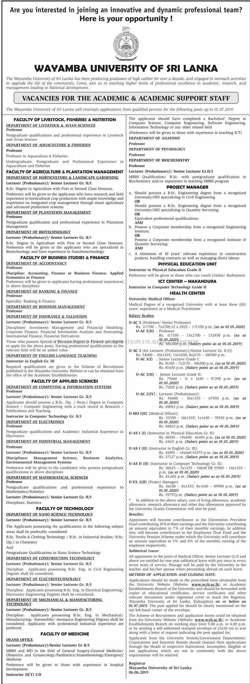 Professor, Senior Professor, Senior Lecturer, Lecturer, Instructor, Project Manager, Medical Officer - Wayamba University of Sri Lanka