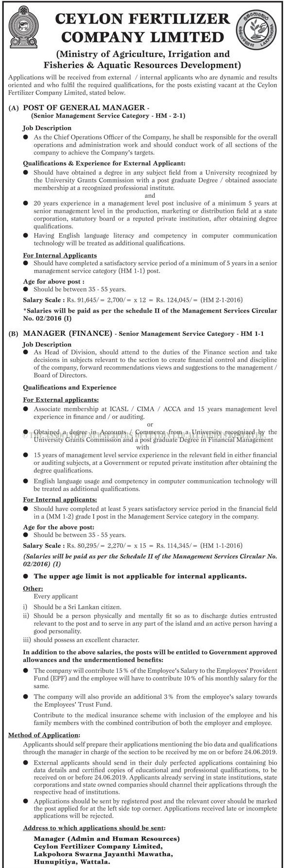 General Manager, Manager (Finance) - Ceylon Fertilizer Company Limited