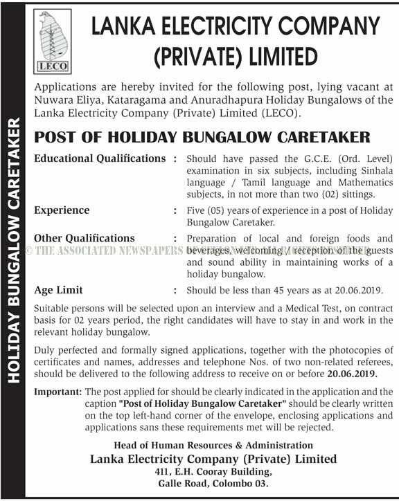 Holiday Bungalow Caretaker - Lanka Electricity Company (Private) Limited