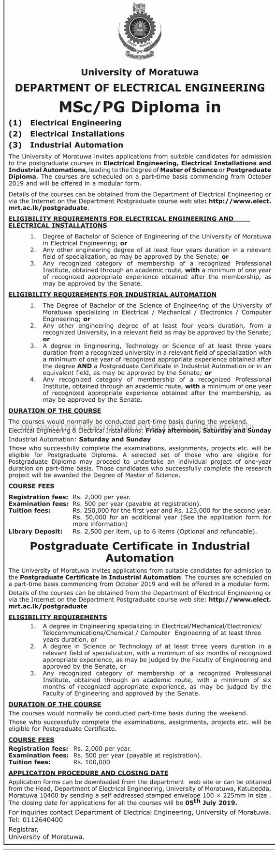 Msc/PG Diploma in Electrical Engineering, Electrical Installations & Industrial Automation - University of Moratuwa 