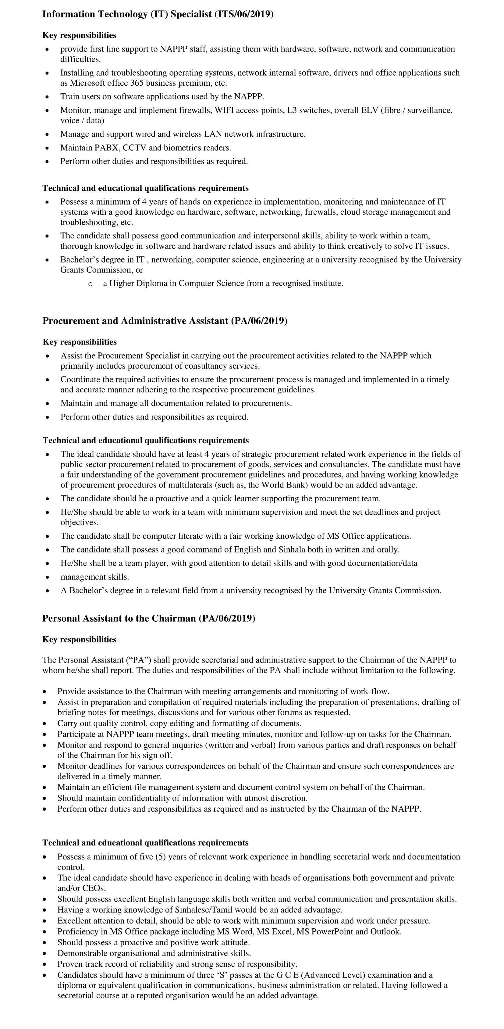 Information Technology Specialist, Receptionist, Office Assistant, Assistant Manager, Legal Manager, Personal Assistant & more Vacancies - Ministry of Finance