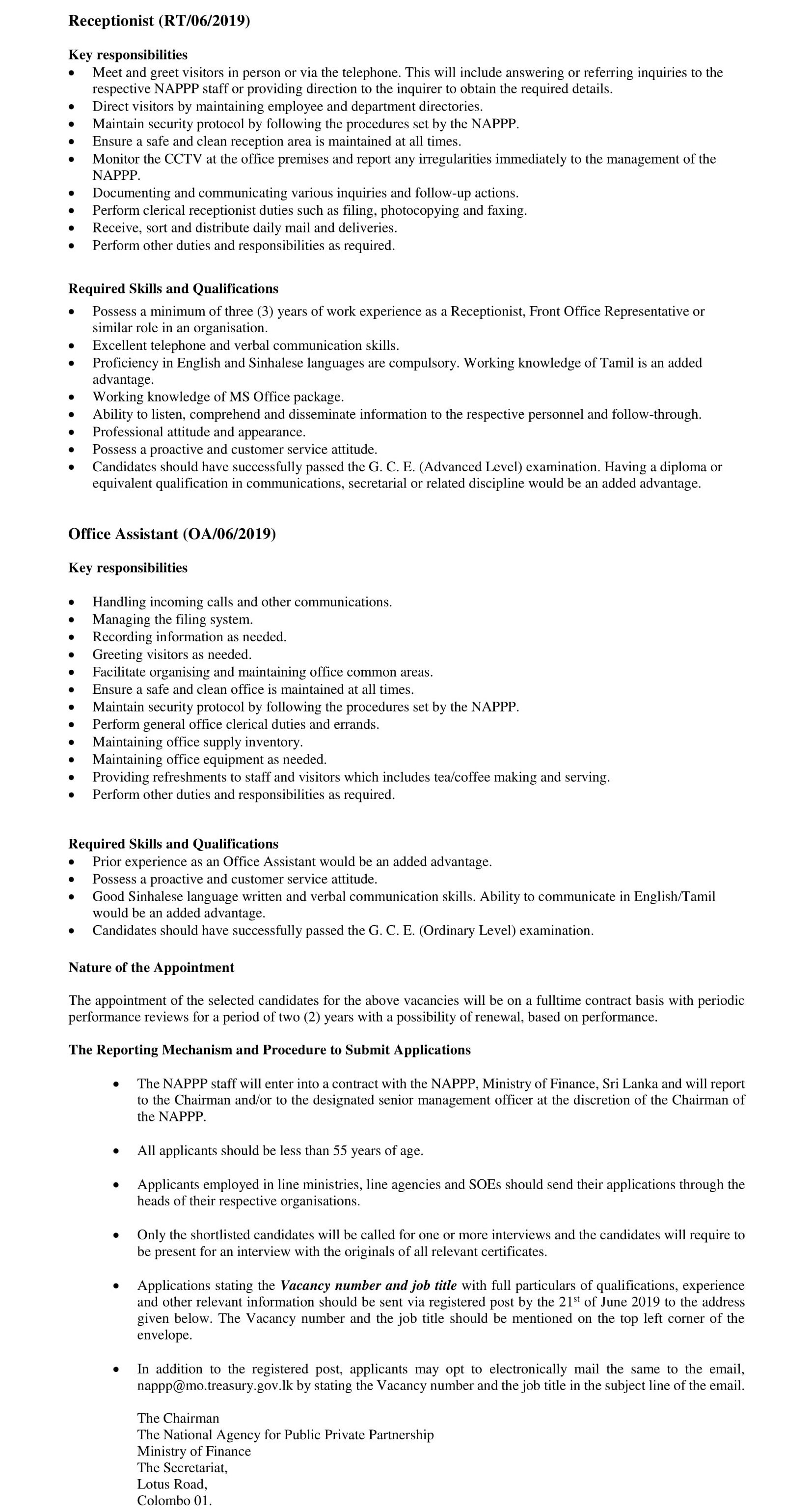 Information Technology Specialist, Receptionist, Office Assistant, Assistant Manager, Legal Manager, Personal Assistant & more Vacancies - Ministry of Finance