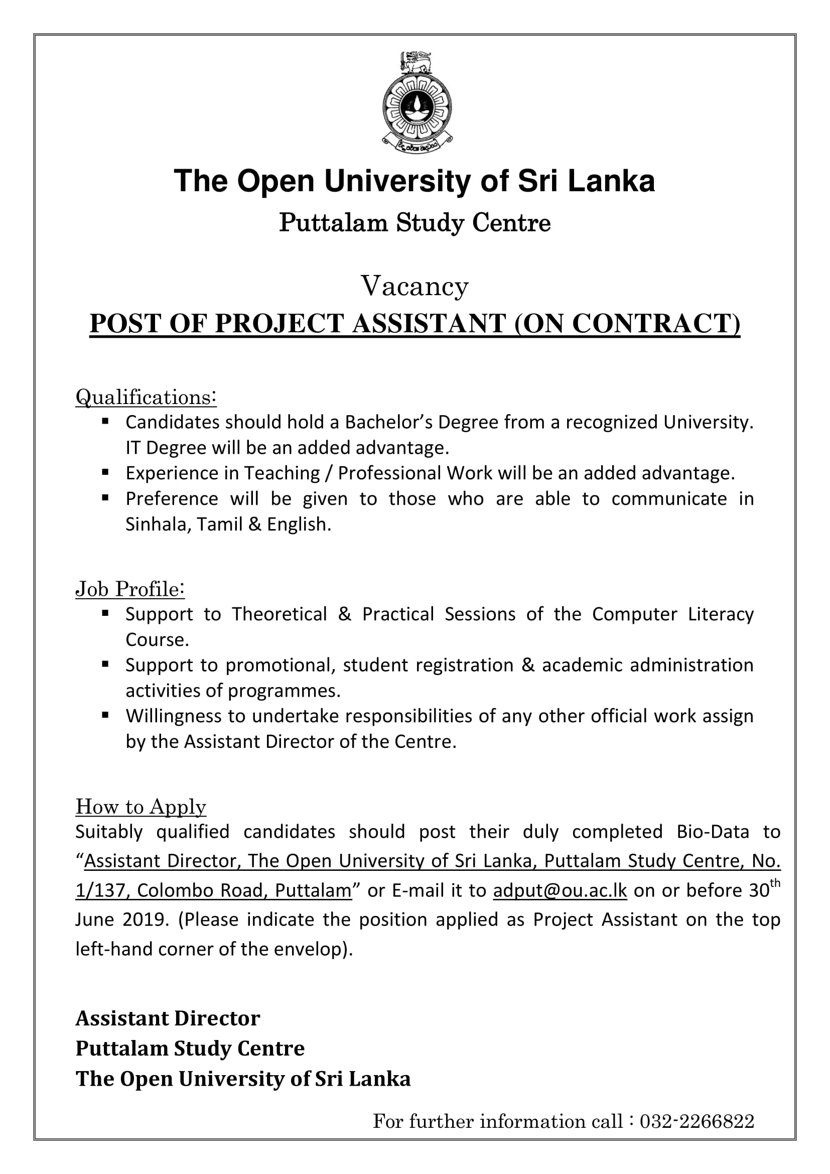 Project Assistant (On Contract), Demonstrator (Temporary) - The Open University of Sri Lanka 