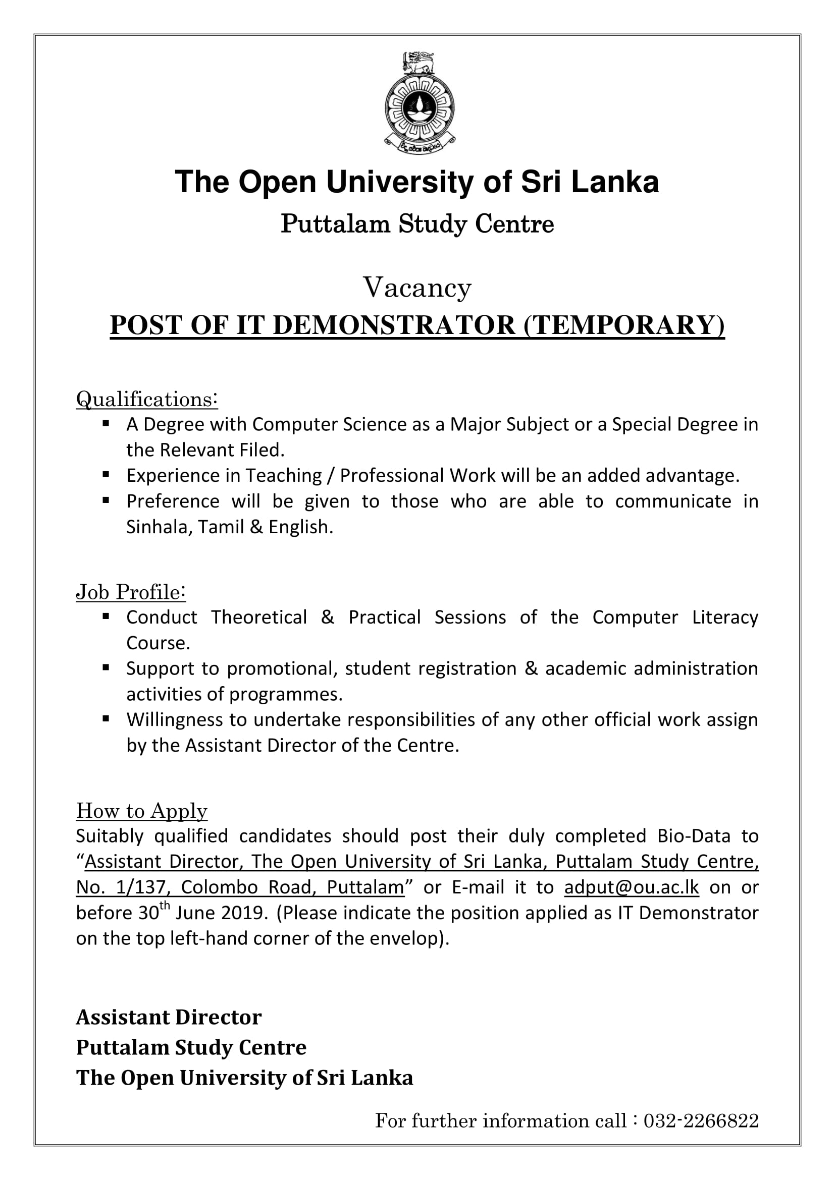 Project Assistant (On Contract), Demonstrator (Temporary) - The Open University of Sri Lanka 