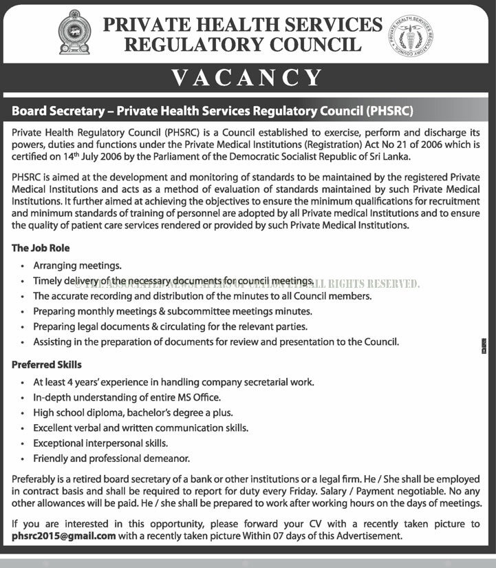 Board Secretary - Private Health Services Regulatory Council