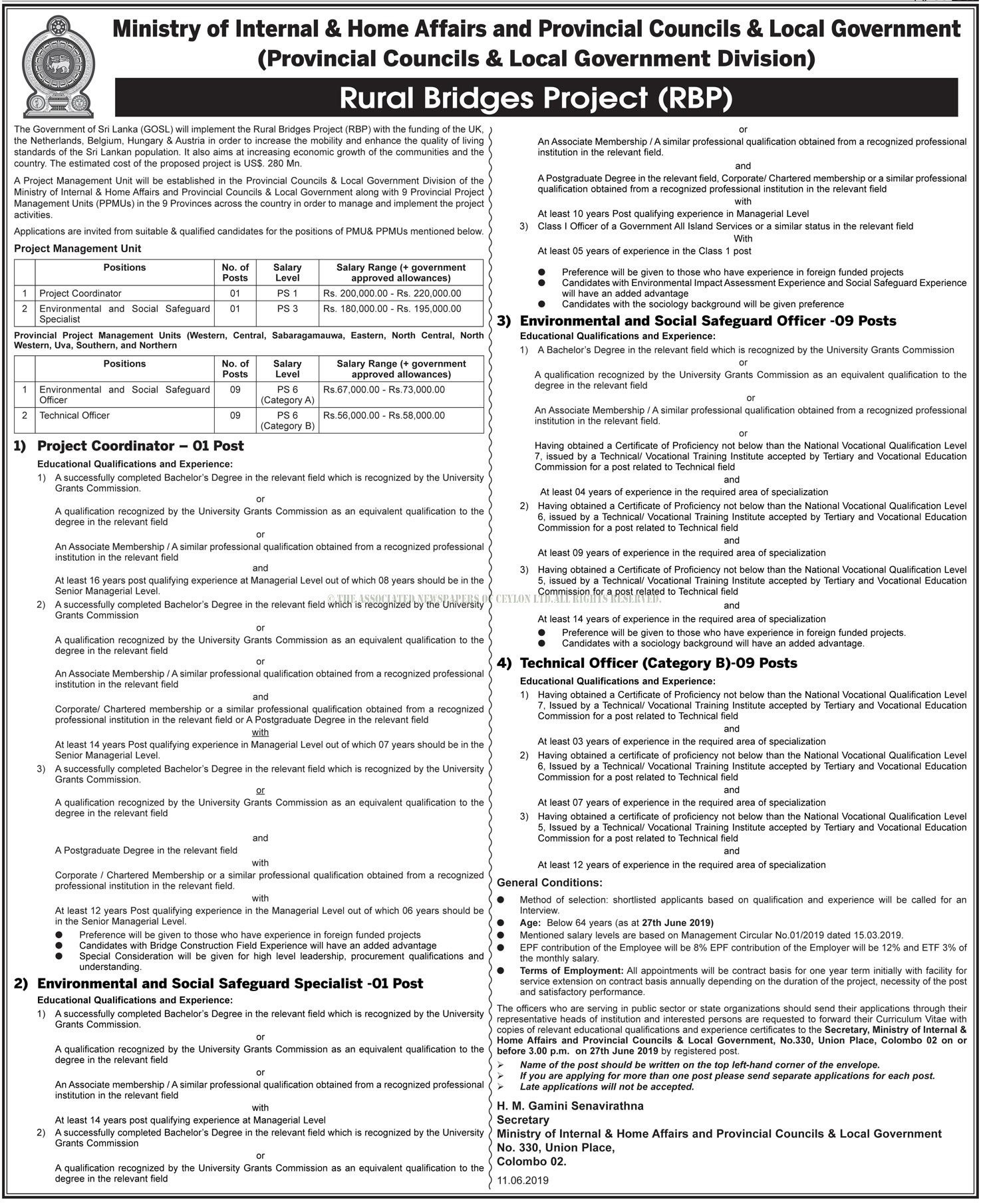 Project Coordinator, Environmental & Social Safeguard Specialist, Environmental & Social Safeguard Officer, Technical Officer - Ministry of Internal & Home Affairs & Provincial Councils & Local Government