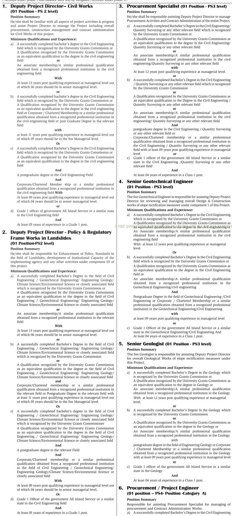 Project Secretary, Project Accountant, Procurement/Project Engineer, Geologist, Geotechnical Engineer, Procurement Specialist, Deputy Project Director - National Building Research Organization (NBRO)