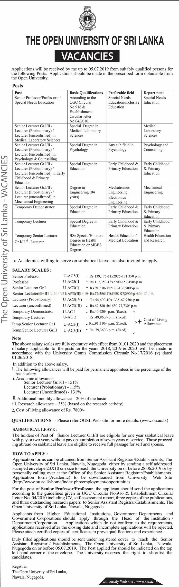 Senior Professor, Professor, Senior Lecturer, Lecturer, Temporary Demonstrator - The Open University of Sri Lanka