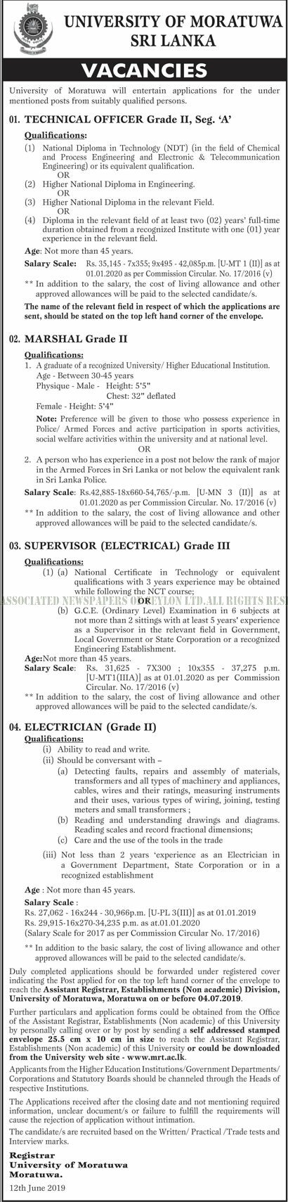 Technical Officer, Marshal, Supervisor (Electrical), Electrician - University of Moratuwa