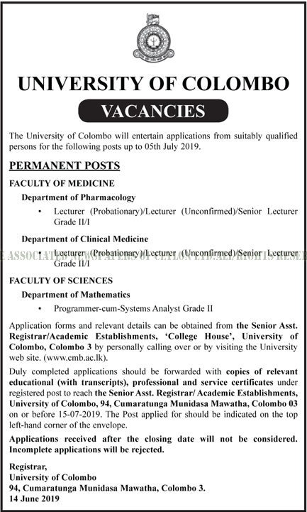  Senior Lecturer, Lecturer, Programmer Cum System Analyst - University of Colombo