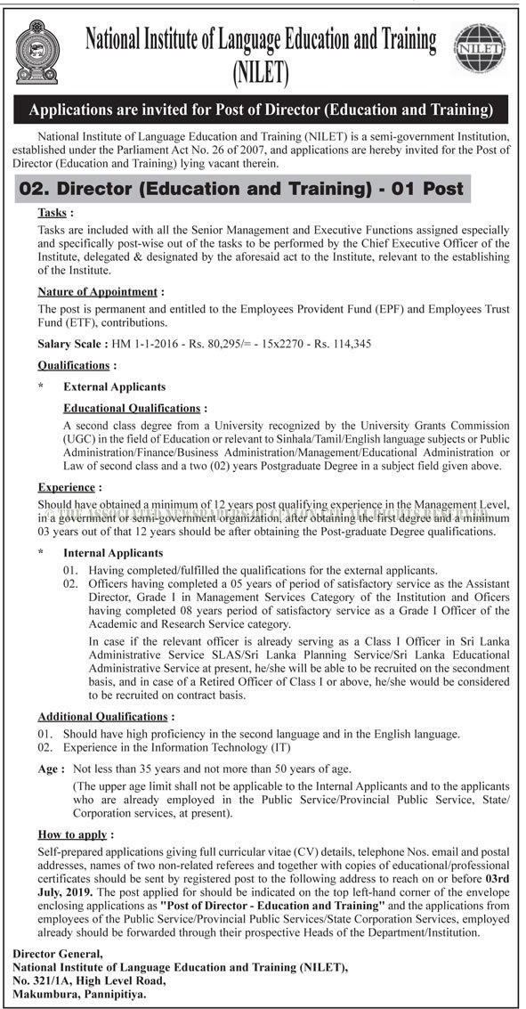 Director (Education & Training) - National Institute of Language Education & Training