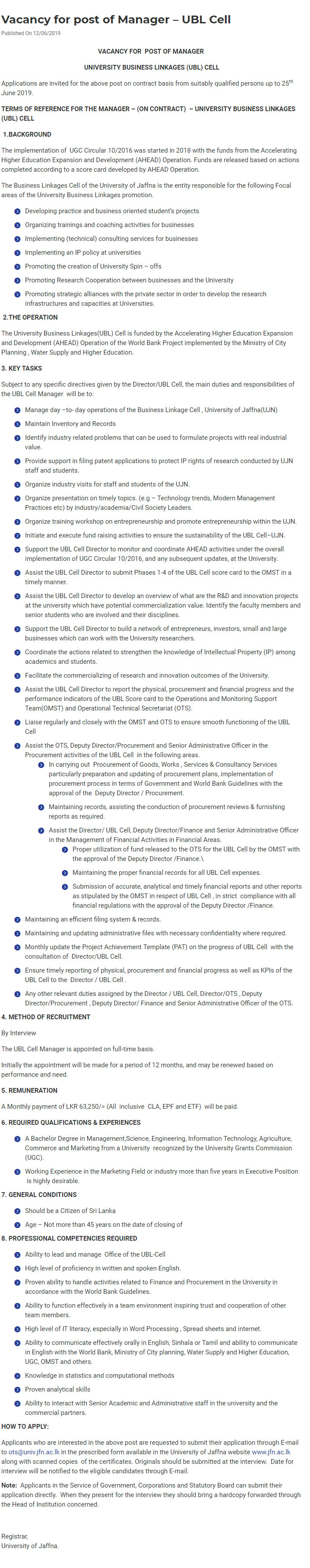 Manager (On Contract) - University of Jaffna