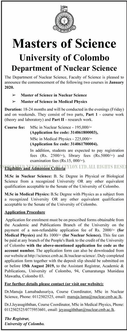 Master of Science in Nuclear Science, Master of Science in Medical Physics - University of Colombo